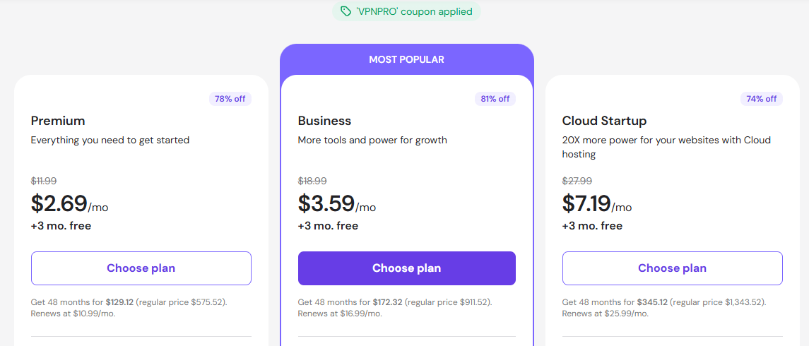 Hostinger Premium, Business, and Cloud hosting plan cards